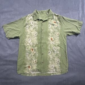 Tommy Bahama Shirt Mens Medium Hawaiian Floral Green Embroidery Button Silk Y2K